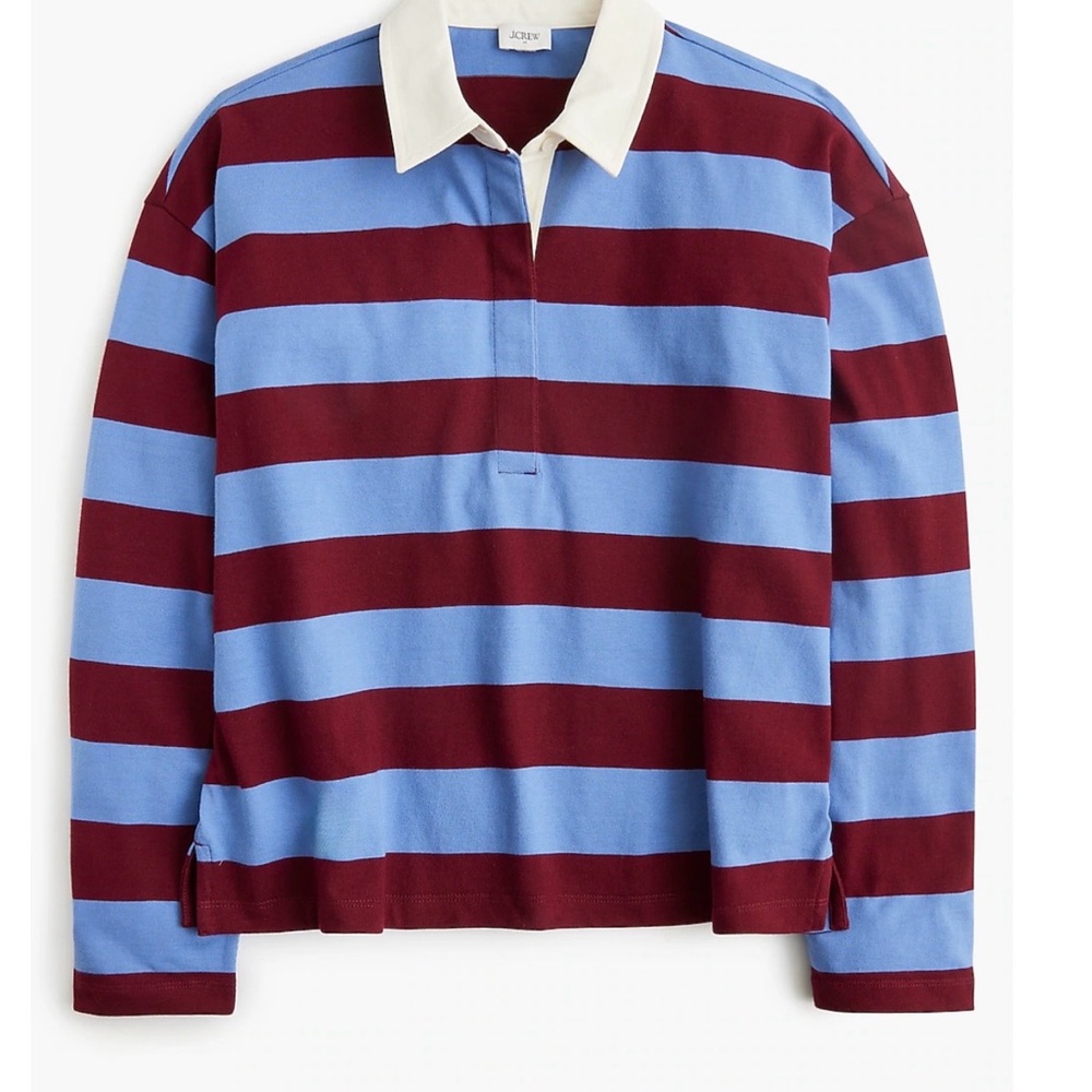 J. Crew Rugby Shirt in Light Blue & Burgundy with Ivory Collar